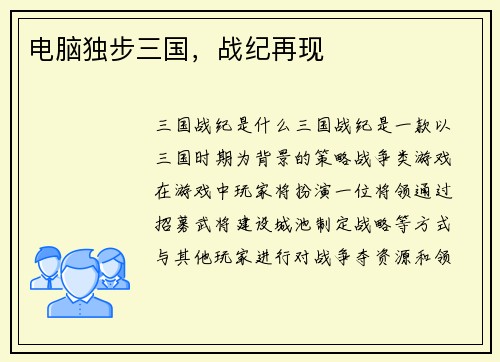 电脑独步三国，战纪再现